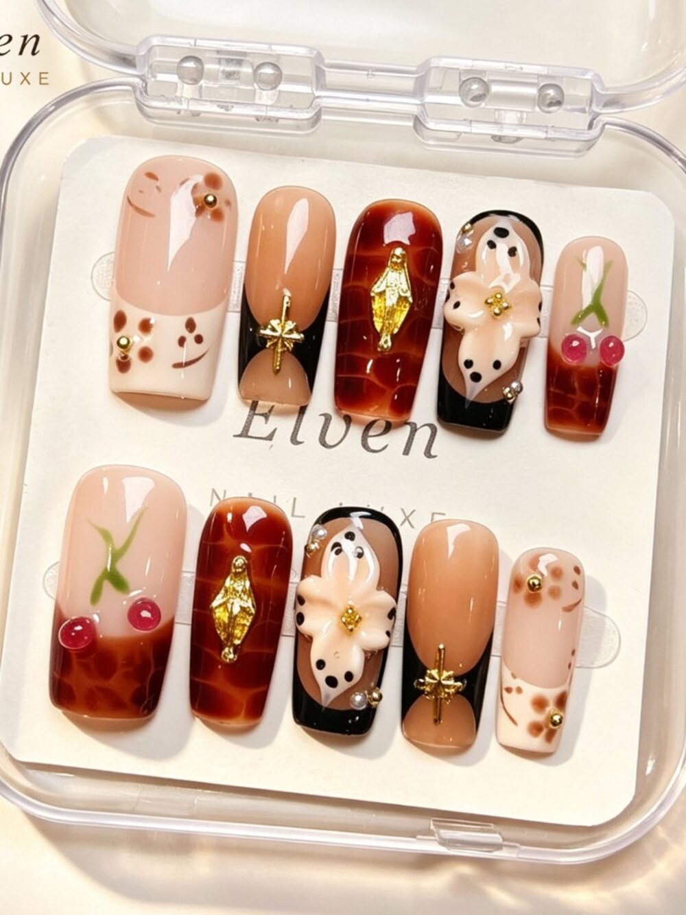 Vintage Amber Long Square Press On Nails with Leopard Print, 3D Flower & Cherry